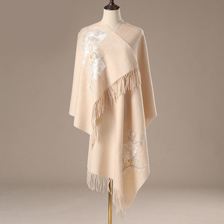 Buddha Stones Wool Shawl White Flower Embroidery Tassel Winter Cozy Travel Scarf Wrap - PeachPuff - image 0