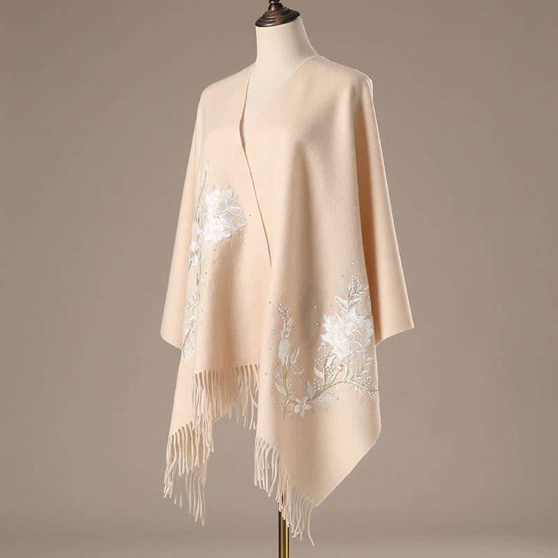 Buddha Stones Wool Shawl White Flower Embroidery Tassel Winter Cozy Travel Scarf Wrap - image 1