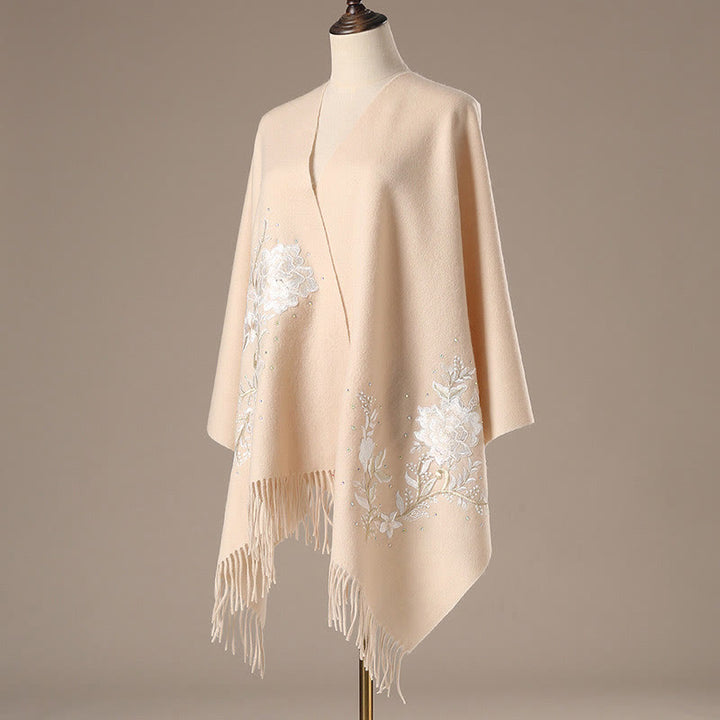 Buddha Stones Wool Shawl White Flower Embroidery Tassel Winter Cozy Travel Scarf Wrap - image 1