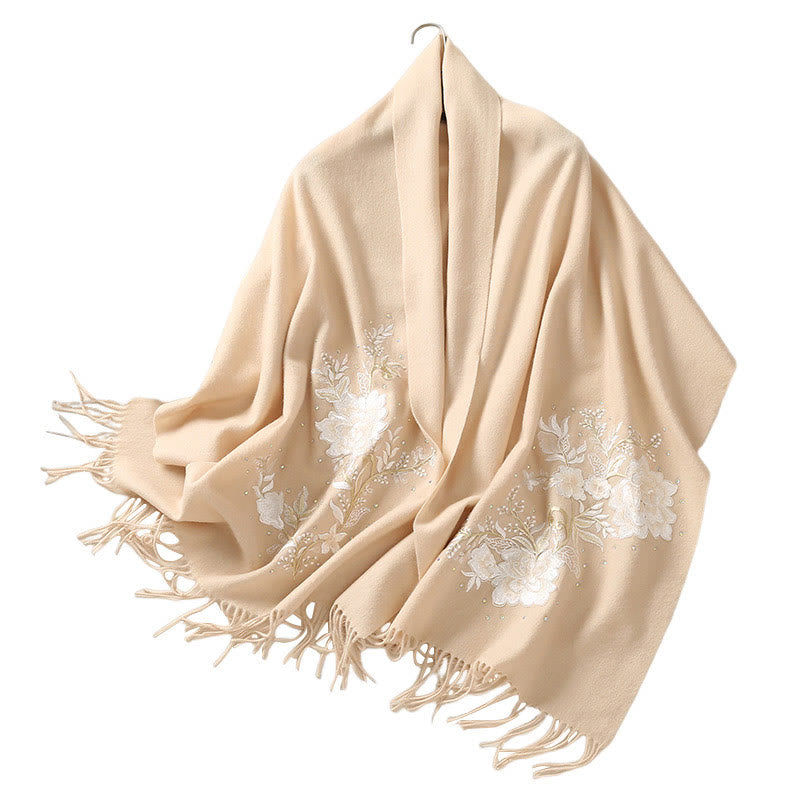 Buddha Stones Wool Shawl White Flower Embroidery Tassel Winter Cozy Travel Scarf Wrap - image 6