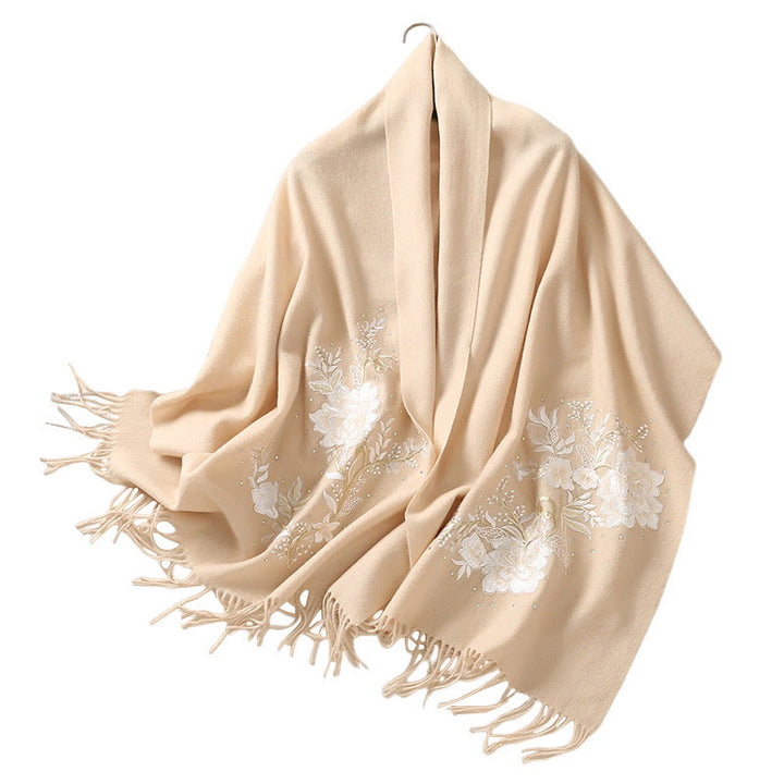 Buddha Stones Wool Shawl White Flower Embroidery Tassel Winter Cozy Travel Scarf Wrap - image 6
