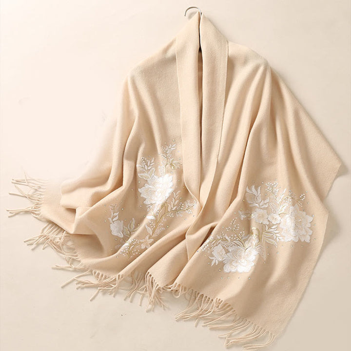 Buddha Stones Wool Shawl White Flower Embroidery Tassel Winter Cozy Travel Scarf Wrap - image 2