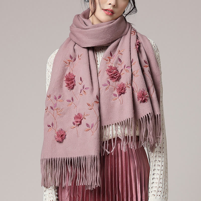 Buddha Stones Wool Shawl 3D Floral Embroidery Tassel Winter Cozy Travel Scarf Wrap - image 7