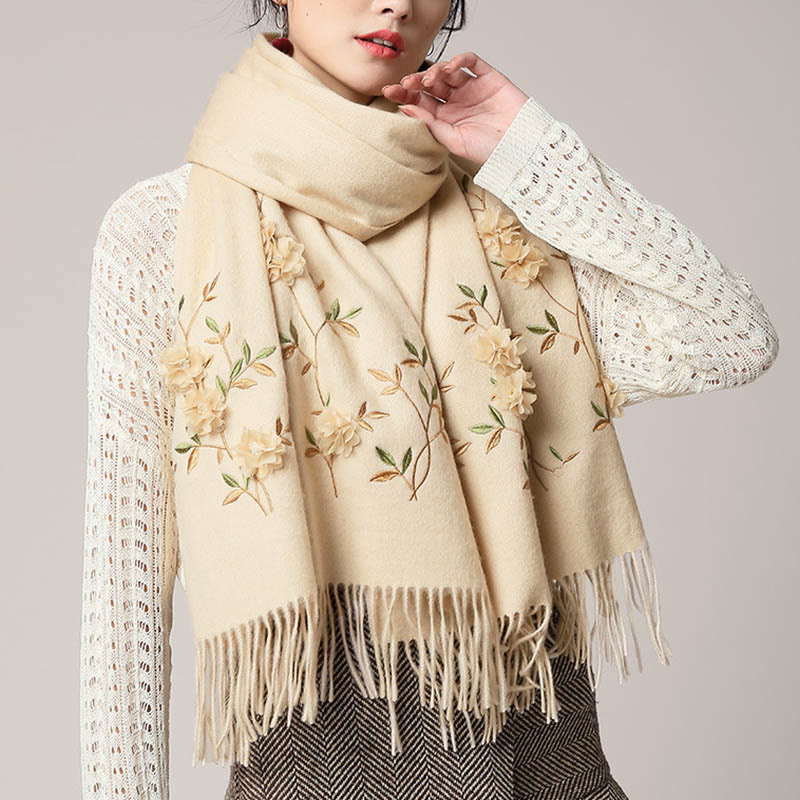 Buddha Stones Wool Shawl 3D Floral Embroidery Tassel Winter Cozy Travel Scarf Wrap - Bisque - 200*60cm - image 16