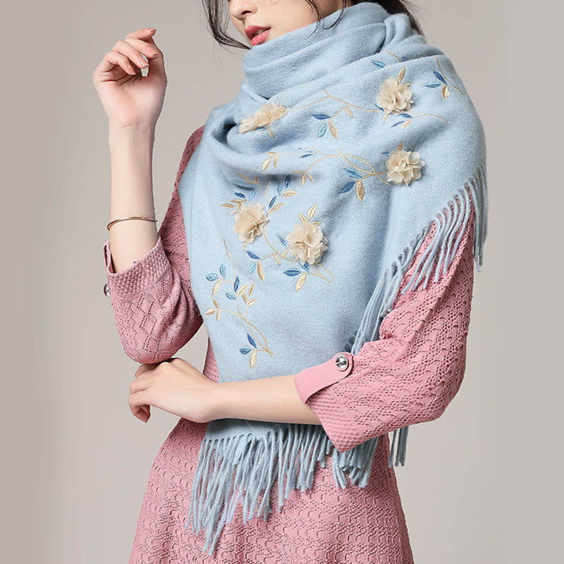 Buddha Stones Wool Shawl 3D Floral Embroidery Tassel Winter Cozy Travel Scarf Wrap - LightSteelBlue - 200*60cm - image 11