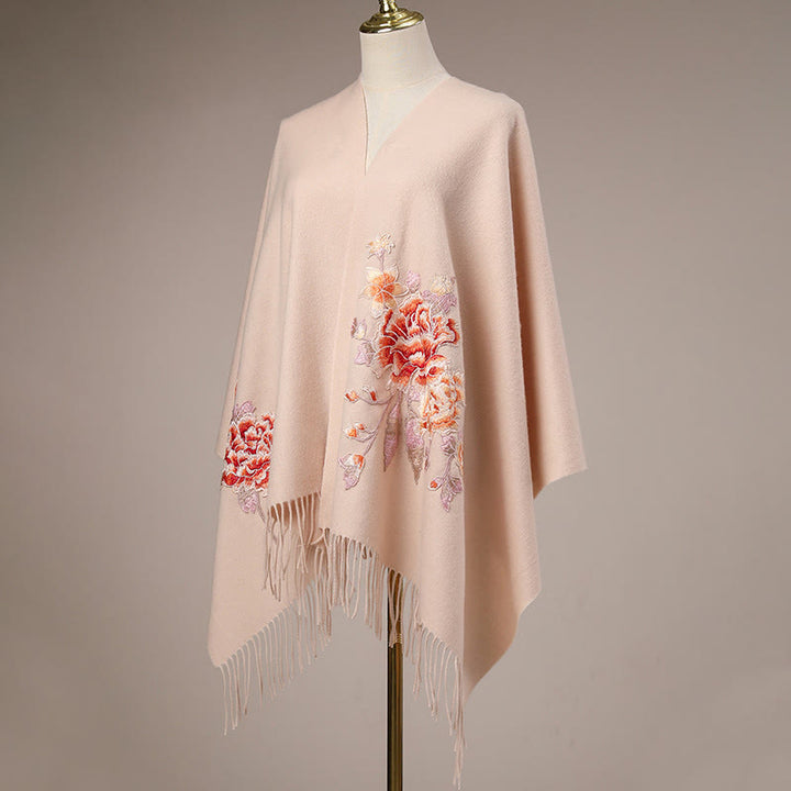 Buddha Stones Wool Shawl Red Flower Embroidery Tassel Winter Cozy Travel Scarf Wrap - image 2