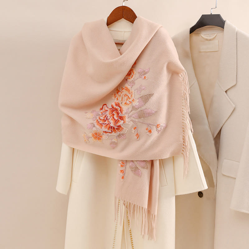 Buddha Stones Wool Shawl Red Flower Embroidery Tassel Winter Cozy Travel Scarf Wrap - PeachPuff - 200*60cm - image 0