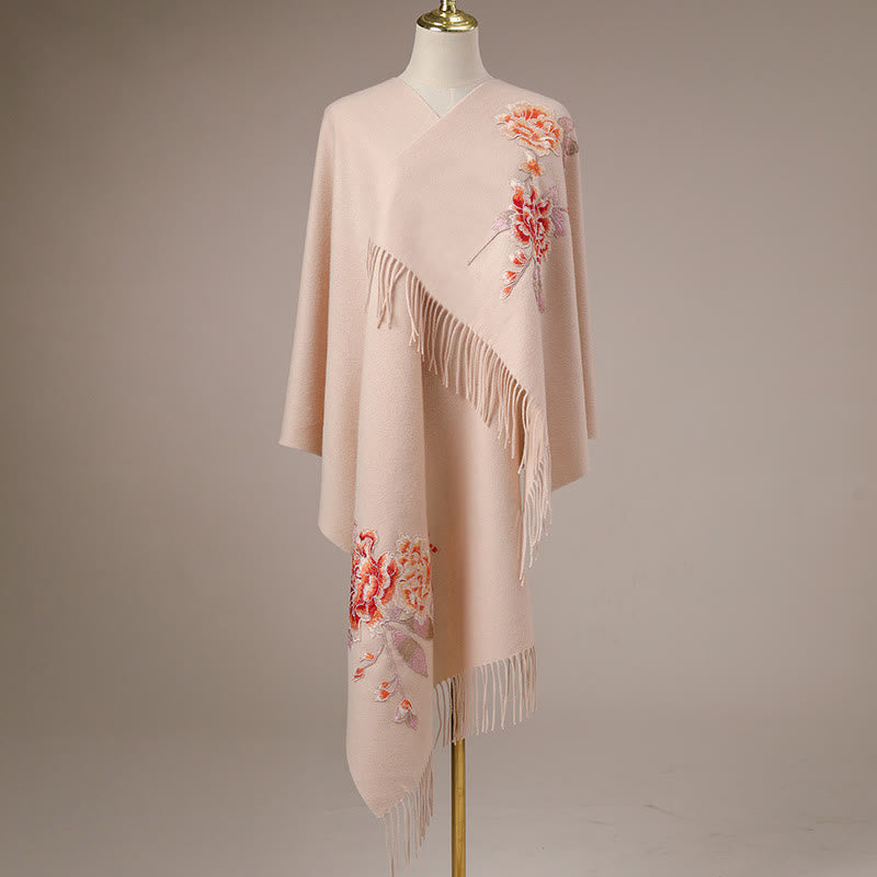 Buddha Stones Wool Shawl Red Flower Embroidery Tassel Winter Cozy Travel Scarf Wrap - image 1