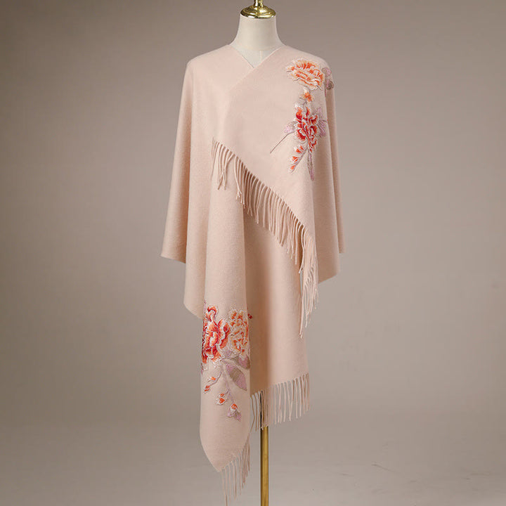 Buddha Stones Wool Shawl Red Flower Embroidery Tassel Winter Cozy Travel Scarf Wrap - image 1