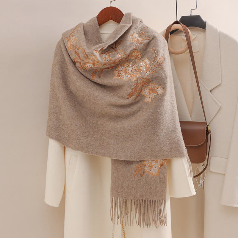 Buddha Stones Wool Shawl Red Flower Gold Sequins Embroidery Tassel Winter Cozy Travel Scarf Wrap - Tan - 200*60cm - image 5