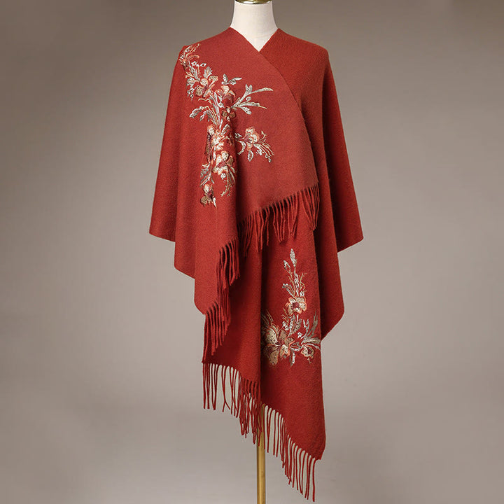 Buddha Stones Wool Shawl Red Flower Gold Sequins Embroidery Tassel Winter Cozy Travel Scarf Wrap - image 2