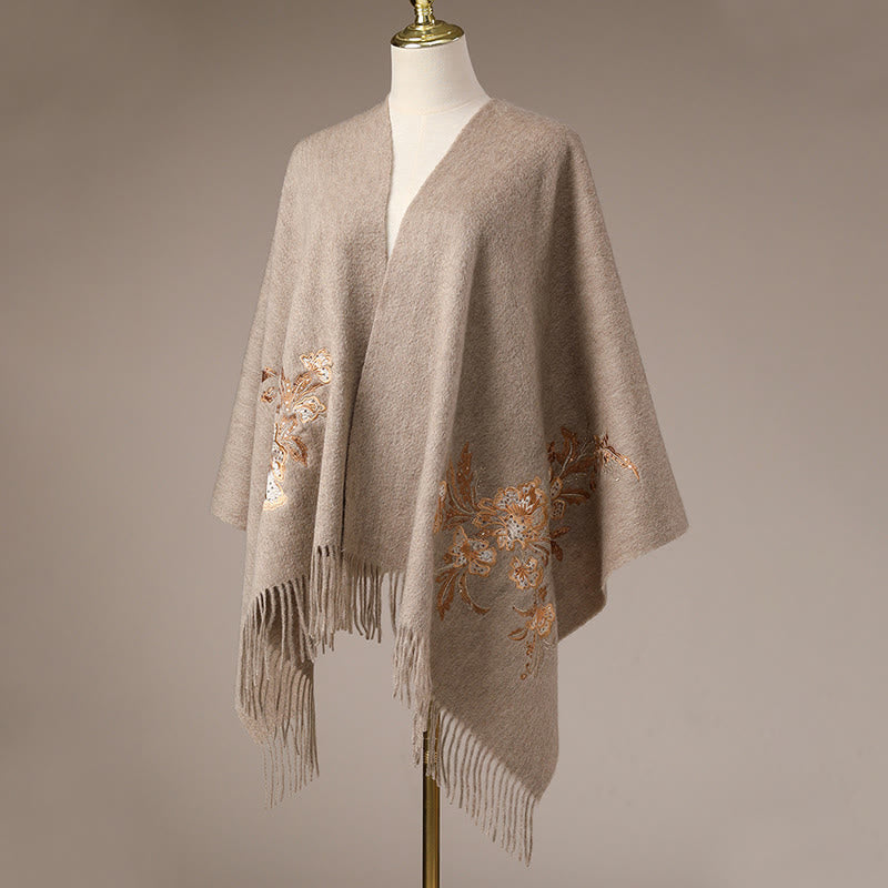 Buddha Stones Wool Shawl Red Flower Gold Sequins Embroidery Tassel Winter Cozy Travel Scarf Wrap - image 6