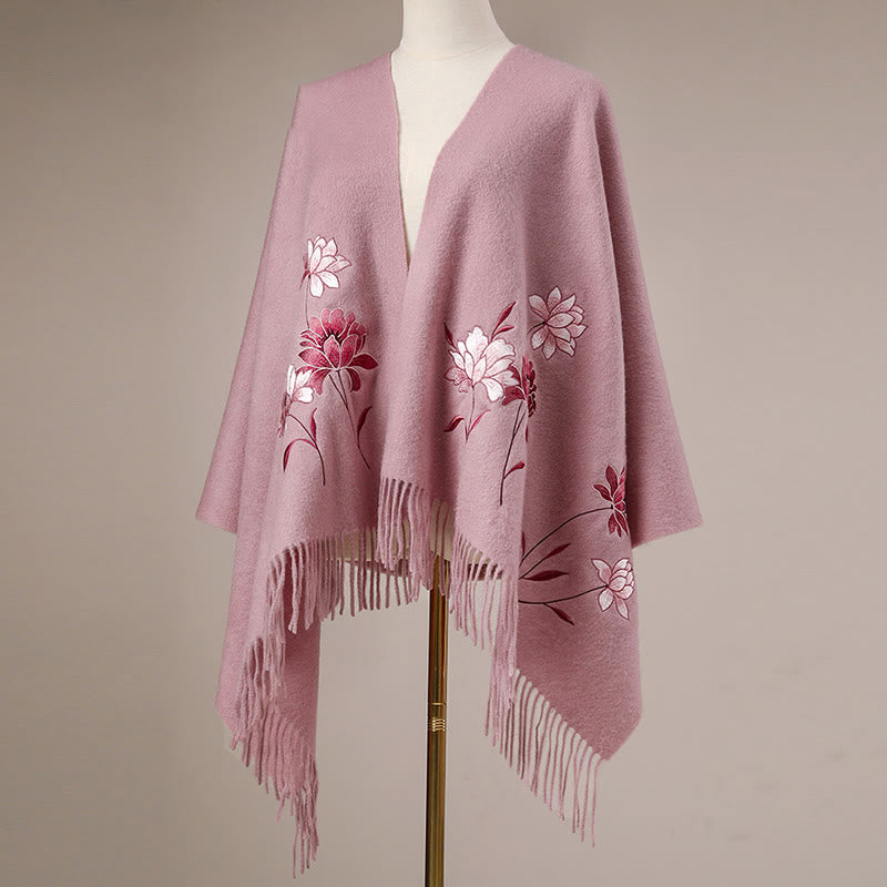 Buddha Stones Wool Shawl Pink Lotus Embroidery Tassel Winter Cozy Travel Scarf Wrap - image 2