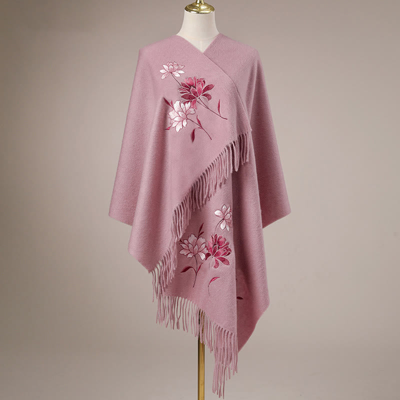 Buddha Stones Wool Shawl Pink Lotus Embroidery Tassel Winter Cozy Travel Scarf Wrap - image 1