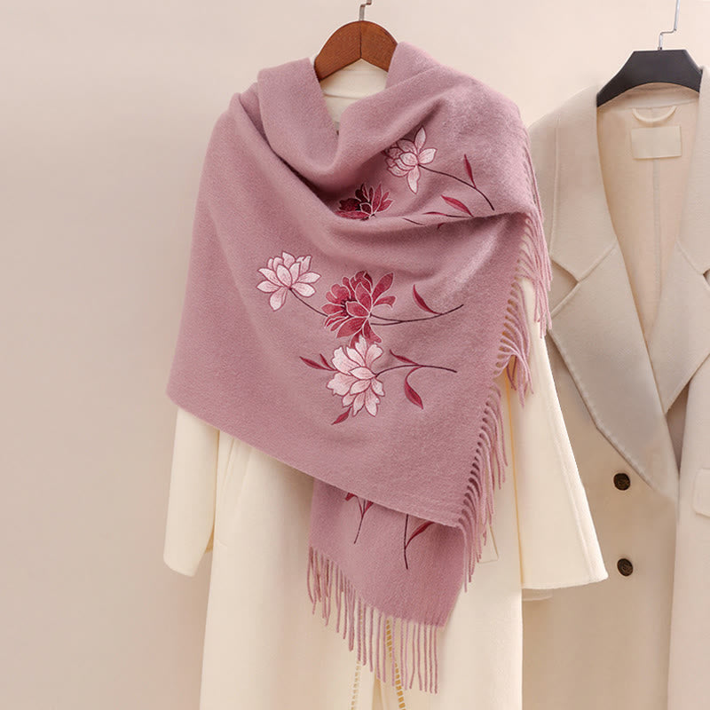 Buddha Stones Wool Shawl Pink Lotus Embroidery Tassel Winter Cozy Travel Scarf Wrap - LightPink - 200*60cm - image 0