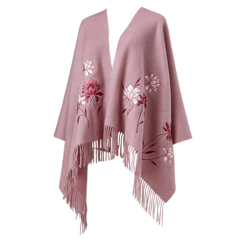 Buddha Stones Wool Shawl Pink Lotus Embroidery Tassel Winter Cozy Travel Scarf Wrap - image 6