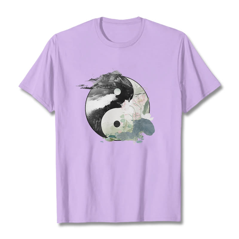 Buddha Stones Yin Yang Lotus Leaf Ink Painting Cotton Tee T-shirt - Plum - 2XL - image 18