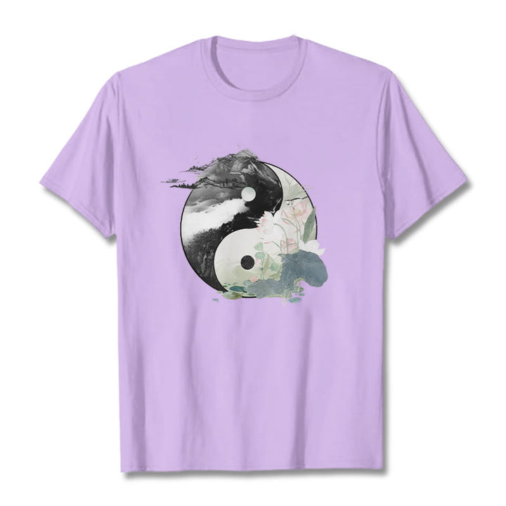 Buddha Stones Yin Yang Lotus Leaf Ink Painting Cotton Tee T-shirt - Plum - 2XL - image 18