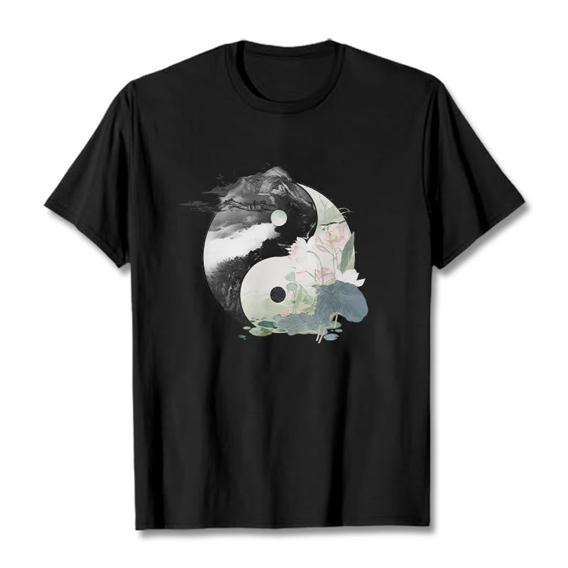 Buddha Stones Yin Yang Lotus Leaf Ink Painting Cotton Tee T-shirt - Black - 2XL - image 0