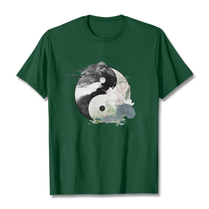 Buddha Stones Yin Yang Lotus Leaf Ink Painting Cotton Tee T-shirt - ForestGreen - 2XL - image 5