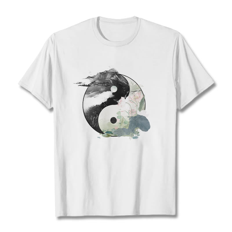 Buddha Stones Yin Yang Lotus Leaf Ink Painting Cotton Tee T-shirt - White - 2XL - image 7