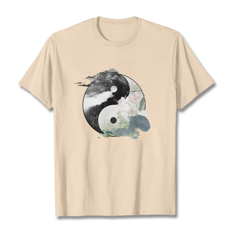 Buddha Stones Yin Yang Lotus Leaf Ink Painting Cotton Tee T-shirt - Bisque - 2XL - image 12