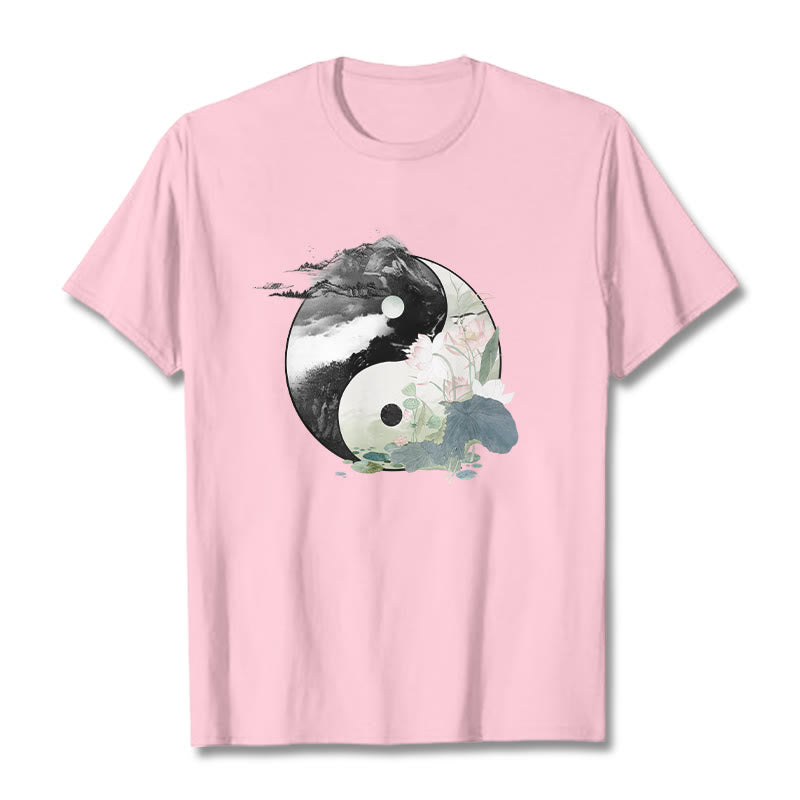 Buddha Stones Yin Yang Lotus Leaf Ink Painting Cotton Tee T-shirt - LightPink - 2XL - image 16