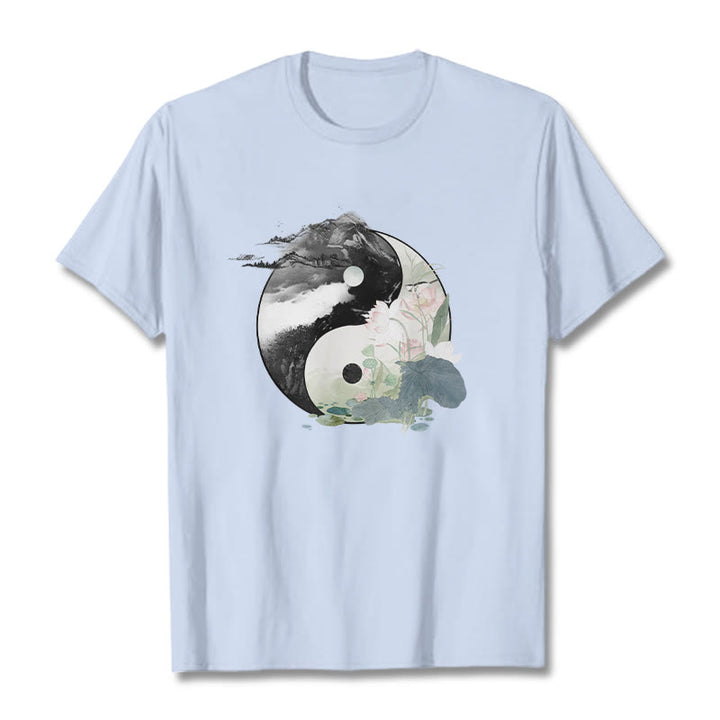 Buddha Stones Yin Yang Lotus Leaf Ink Painting Cotton Tee T-shirt - LightCyan - 2XL - image 11