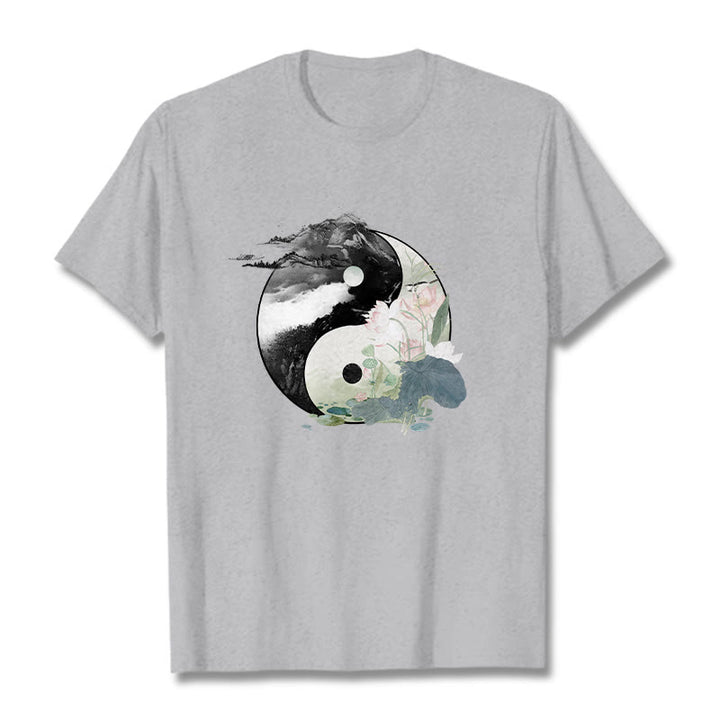 Buddha Stones Yin Yang Lotus Leaf Ink Painting Cotton Tee T-shirt - LightGrey - 2XL - image 10
