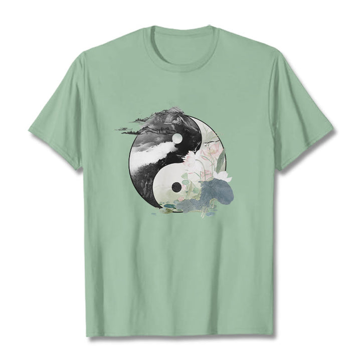 Buddha Stones Yin Yang Lotus Leaf Ink Painting Cotton Tee T-shirt - PaleGreen - 2XL - image 14