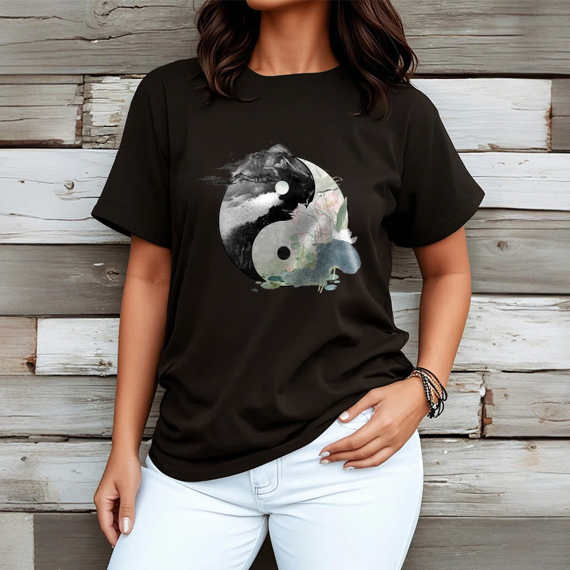 Buddha Stones Yin Yang Lotus Leaf Ink Painting Cotton Tee T-shirt - image 1