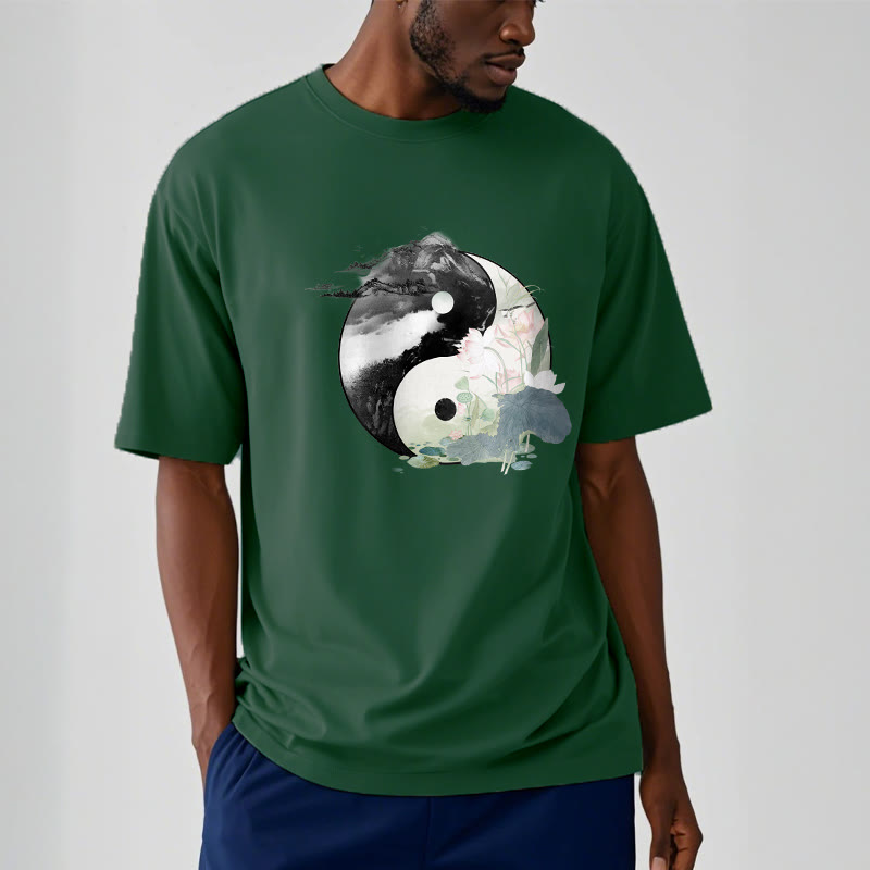 Buddha Stones Yin Yang Lotus Leaf Ink Painting Cotton Tee T-shirt - image 6