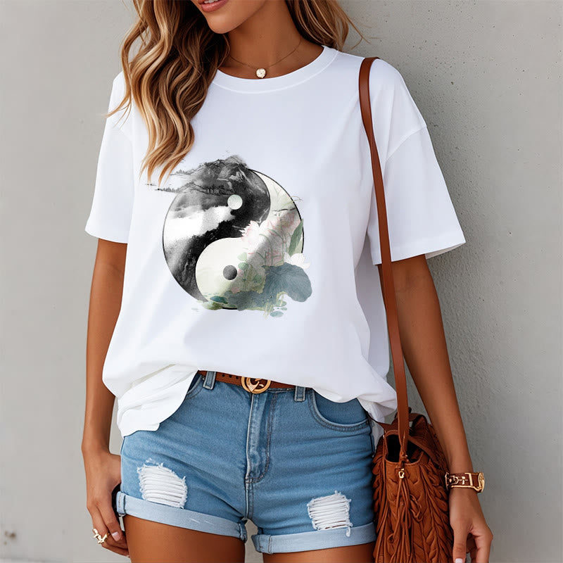 Buddha Stones Yin Yang Lotus Leaf Ink Painting Cotton Tee T-shirt - image 8