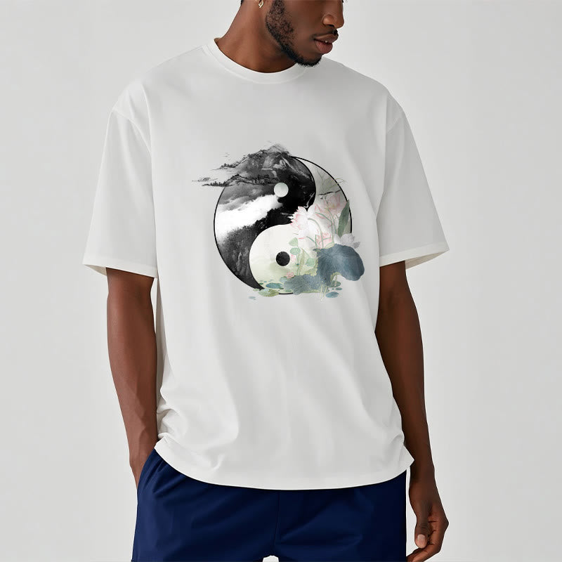 Buddha Stones Yin Yang Lotus Leaf Ink Painting Cotton Tee T-shirt - image 9