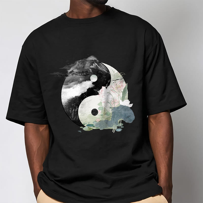 Buddha Stones Yin Yang Lotus Leaf Ink Painting Cotton Tee T-shirt - image 2