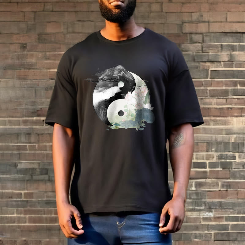 Buddha Stones Yin Yang Lotus Leaf Ink Painting Cotton Tee T-shirt - image 3