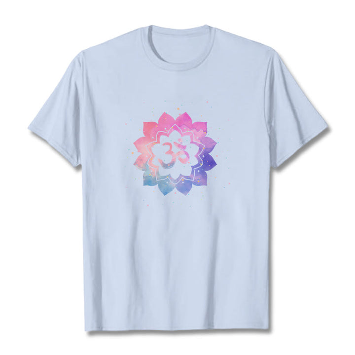 Buddha Stones Om Colorful Lotus Cotton Tee T-shirt - LightCyan - 2XL - image 10