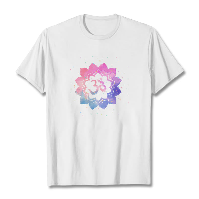 Buddha Stones Om Colorful Lotus Cotton Tee T-shirt - White - 2XL - image 0