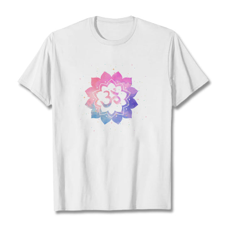Buddha Stones Om Colorful Lotus Cotton Tee T-shirt - White - 2XL - image 0