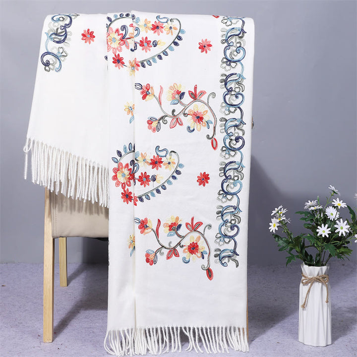 Buddha Stones Polyester Shawl Colorful Flower Ethnic Style Embroidery Tassel Winter Cozy Travel Scarf Wrap - White - 200*70cm - image 3