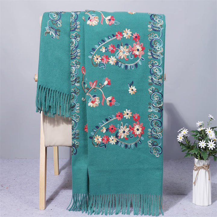 Buddha Stones Polyester Shawl Colorful Flower Ethnic Style Embroidery Tassel Winter Cozy Travel Scarf Wrap - DarkCyan - 200*70cm - image 9
