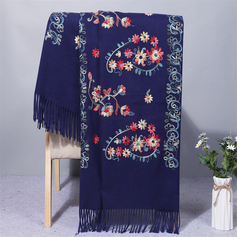 Buddha Stones Polyester Shawl Colorful Flower Ethnic Style Embroidery Tassel Winter Cozy Travel Scarf Wrap - MidnightBlue - 200*70cm - image 5