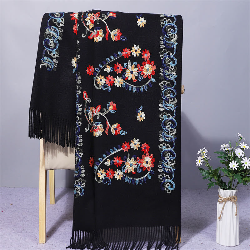 Buddha Stones Polyester Shawl Colorful Flower Ethnic Style Embroidery Tassel Winter Cozy Travel Scarf Wrap - Black - 200*70cm - image 1