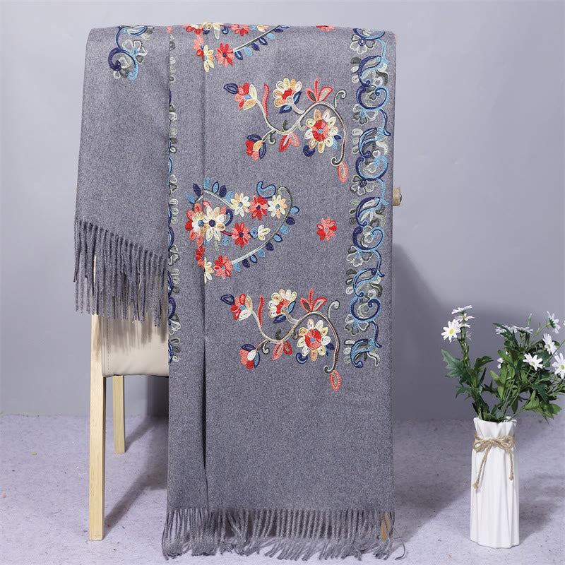 Buddha Stones Polyester Shawl Colorful Flower Ethnic Style Embroidery Tassel Winter Cozy Travel Scarf Wrap - SlateGray - 200*70cm - image 4