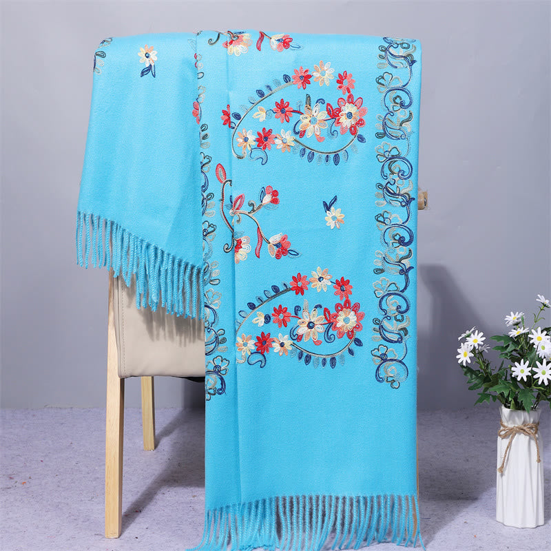 Buddha Stones Polyester Shawl Colorful Flower Ethnic Style Embroidery Tassel Winter Cozy Travel Scarf Wrap - LightSkyBlue - 200*70cm - image 10