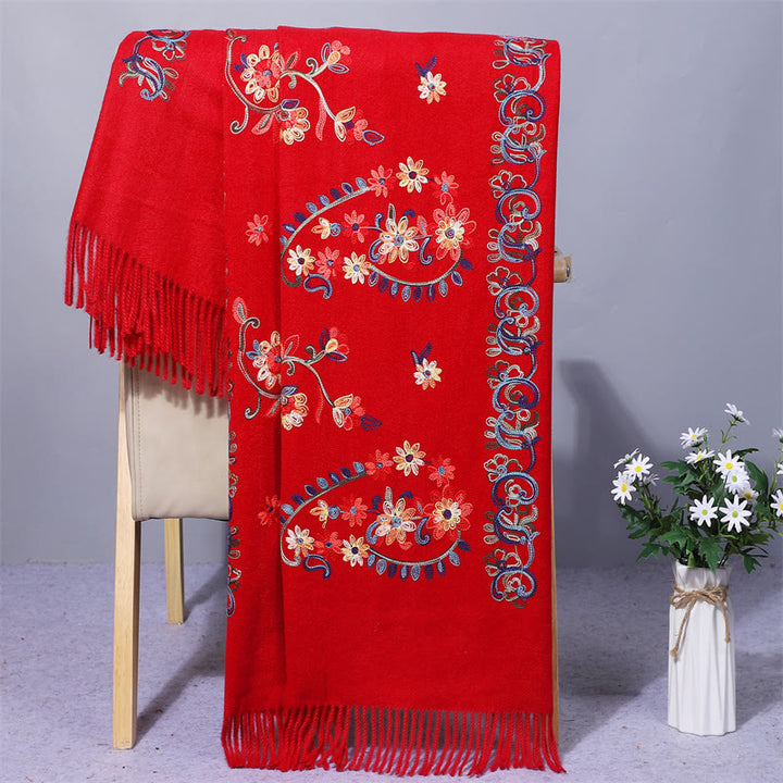 Buddha Stones Polyester Shawl Colorful Flower Ethnic Style Embroidery Tassel Winter Cozy Travel Scarf Wrap - Crimson - 200*70cm - image 2