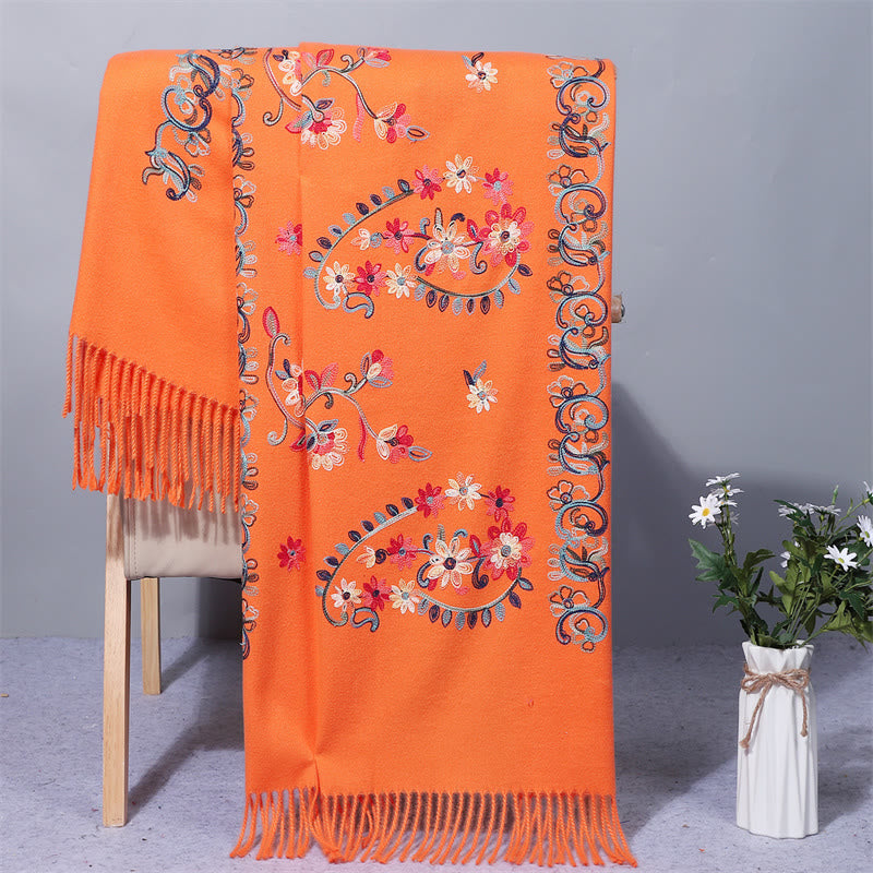 Buddha Stones Polyester Shawl Colorful Flower Ethnic Style Embroidery Tassel Winter Cozy Travel Scarf Wrap - Coral - 200*70cm - image 12