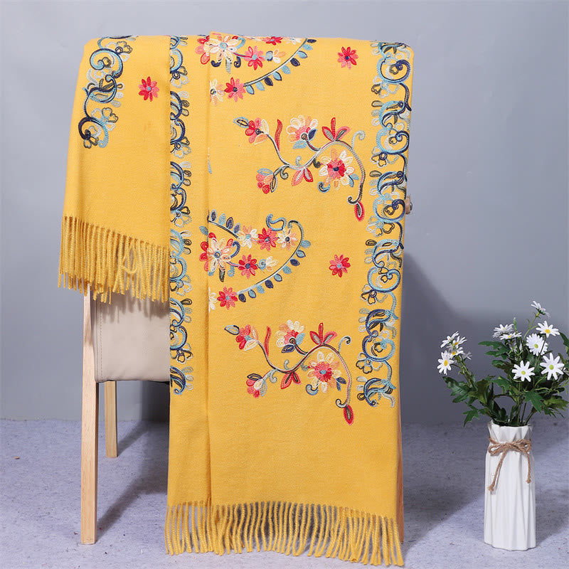 Buddha Stones Polyester Shawl Colorful Flower Ethnic Style Embroidery Tassel Winter Cozy Travel Scarf Wrap - Gold - 200*70cm - image 8