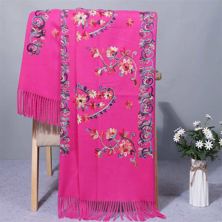 Buddha Stones Polyester Shawl Colorful Flower Ethnic Style Embroidery Tassel Winter Cozy Travel Scarf Wrap - DeepPink - 200*70cm - image 11