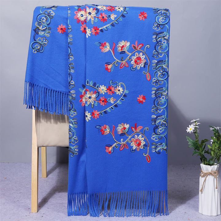 Buddha Stones Polyester Shawl Colorful Flower Ethnic Style Embroidery Tassel Winter Cozy Travel Scarf Wrap - DodgerBlue - 200*70cm - image 6